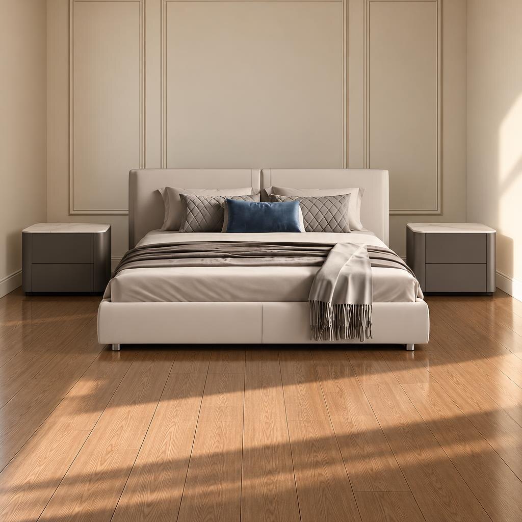 Meli Bed and Nightstand Set presented in a clean bedroom with wide room view