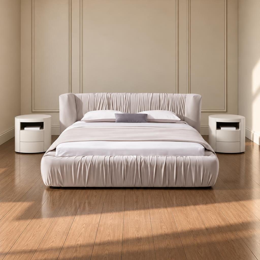Bedroom Bed and Nightstand Set presented in a contemporary bedroom with warm corner perspective with a clear product perspective