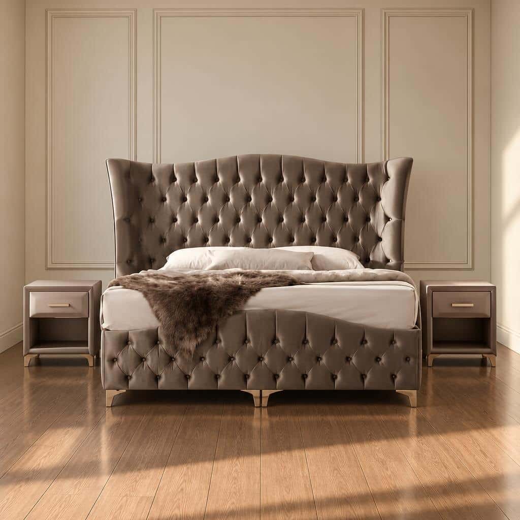 Bedroom Bed and Nightstand Set presented in a classic bedroom with gentle detail perspective with a clear product perspective