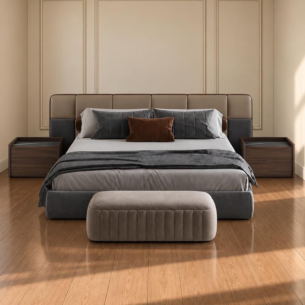 Bedroom Bed and Nightstand Set presented in a modern bedroom with graceful detail perspective with a clear product perspective