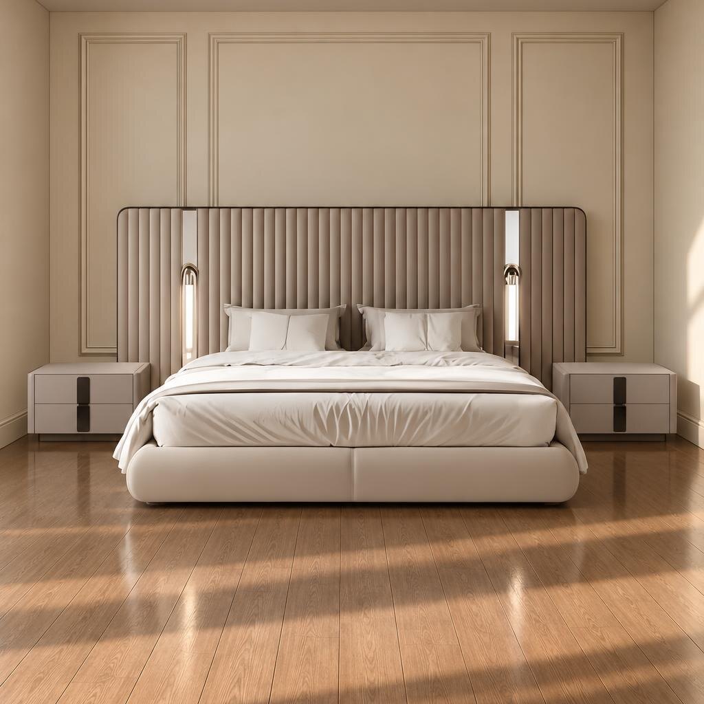 Bedroom Bed and Nightstand Set presented in a contemporary bedroom with neat room perspective