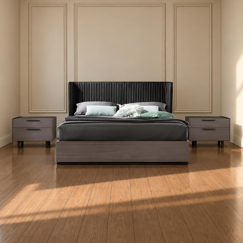 Bedroom Bed and Nightstand Set presented in a stylish bedroom with balanced room perspective