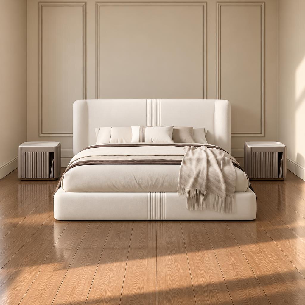 Bedroom Bed and Nightstand Set presented in a classic bedroom with gentle showroom perspective with a clear product perspective