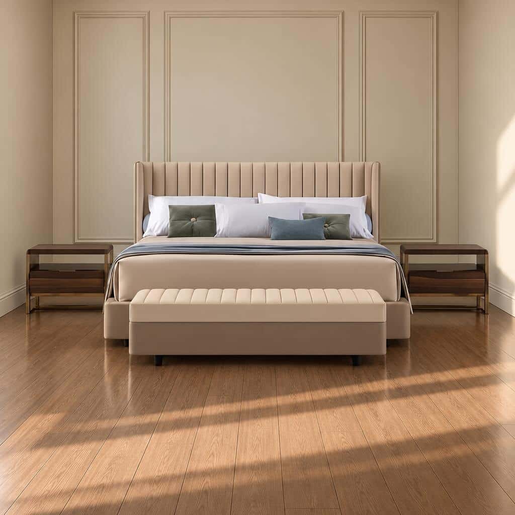 Bedroom Bed and Nightstand Set presented in a elegant bedroom with inviting showroom perspective with a clear product perspective