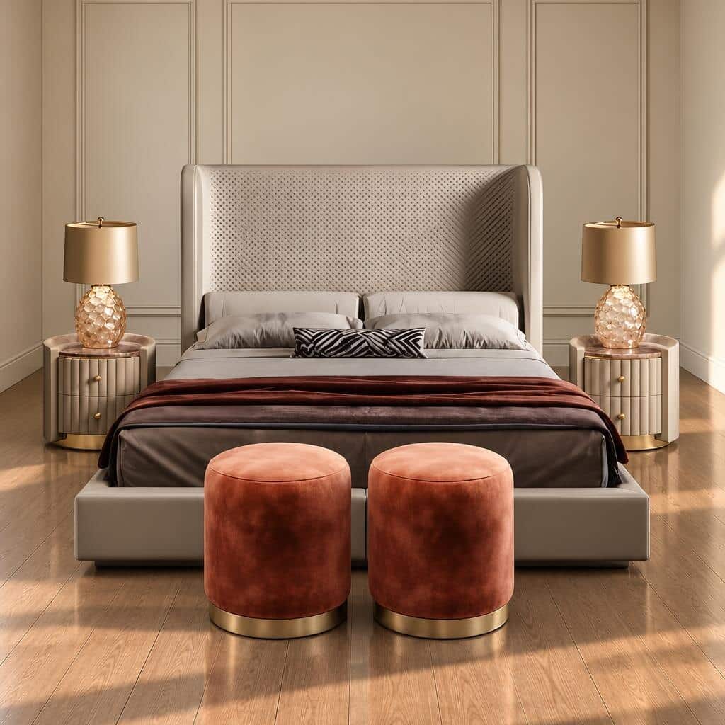 Bedroom Bed and Nightstand Set presented in a clean bedroom with calm showroom perspective with a clear product perspective