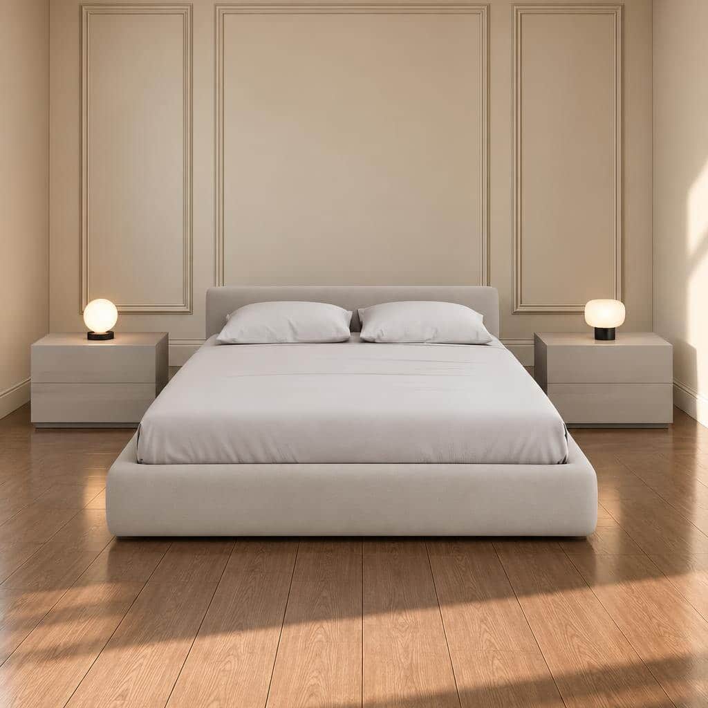 Bedroom Bed and Nightstand Set presented in a classic bedroom with airy showroom perspective with a clear product perspective