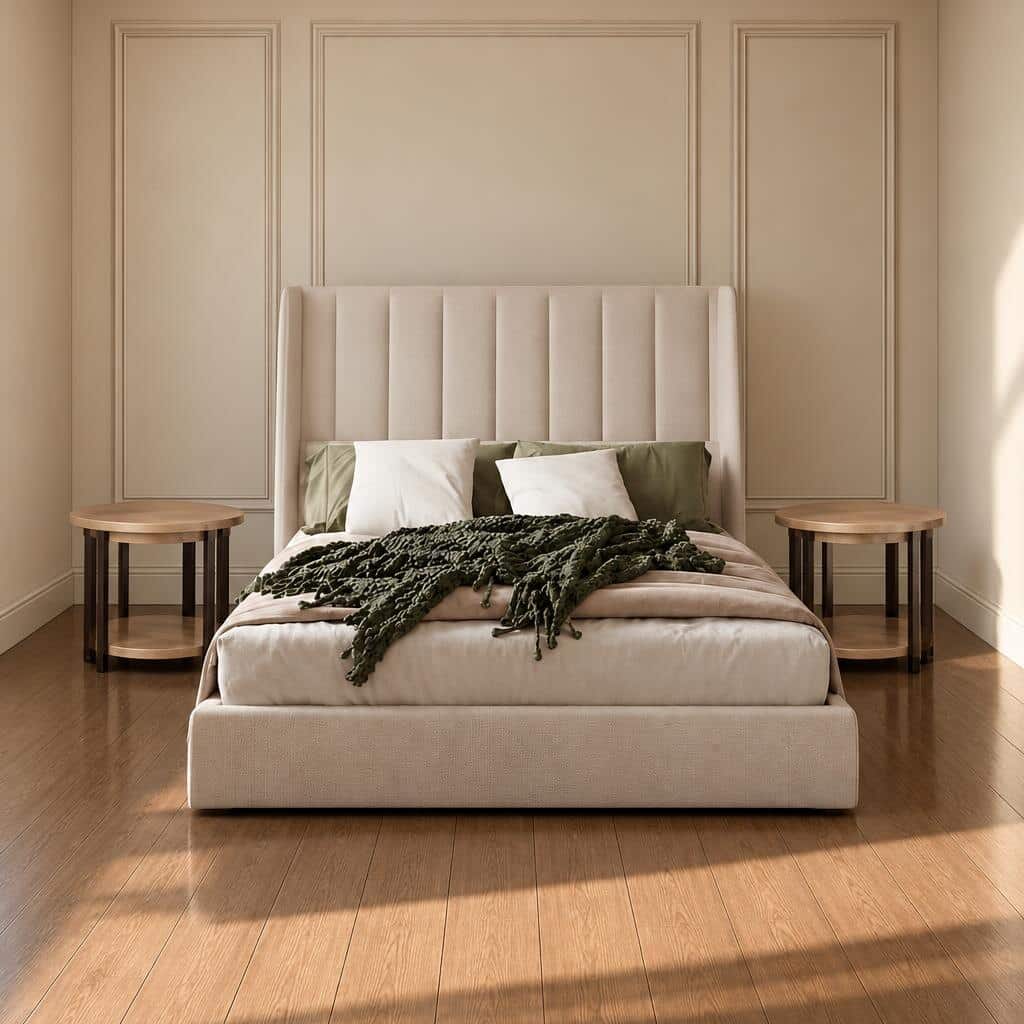 Bedroom Bed and Nightstand Set presented in a comfortable bedroom with refined lifestyle perspective with a clear product perspective