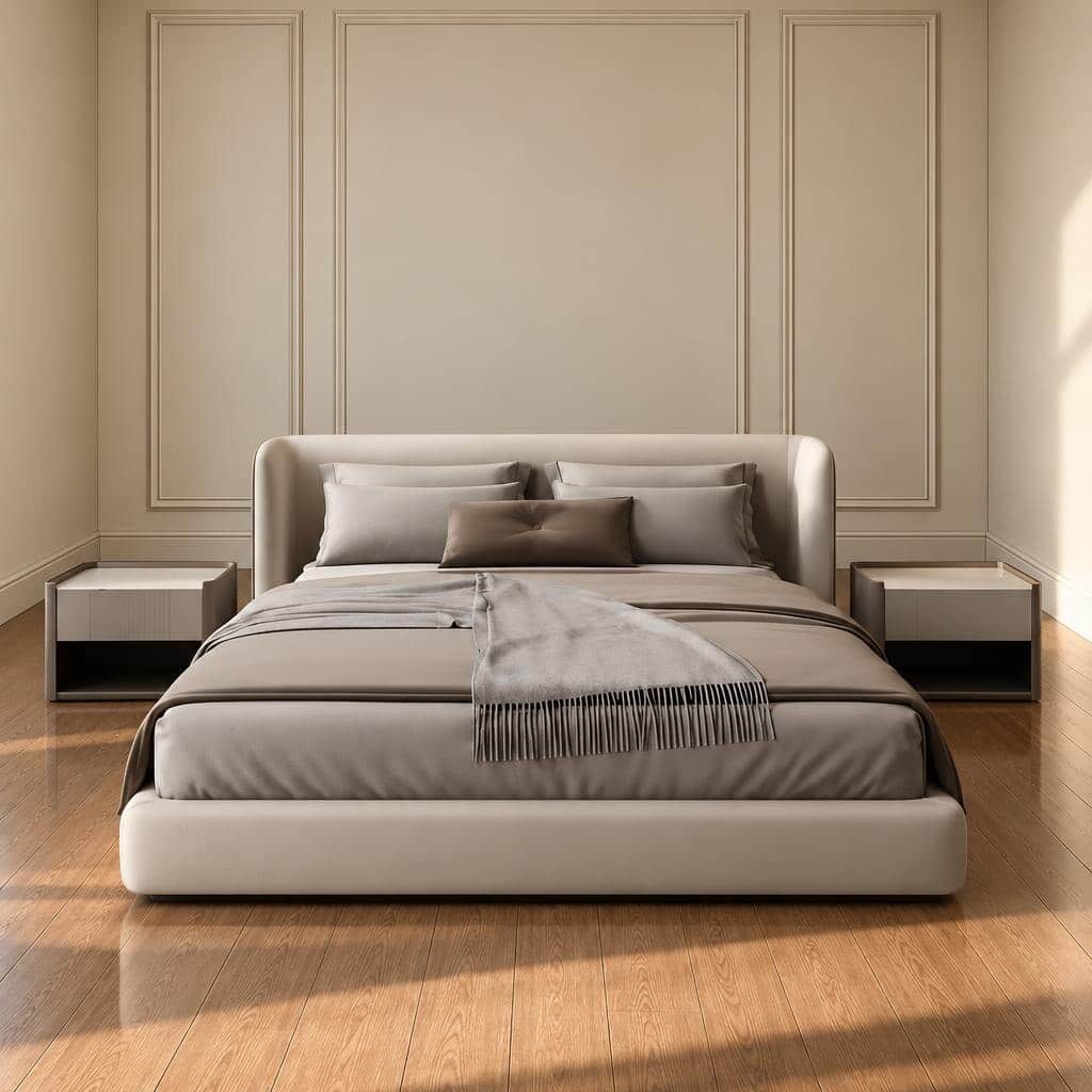 Bedroom Bed and Nightstand Set presented in a premium bedroom with polished lifestyle perspective with a clear product perspective