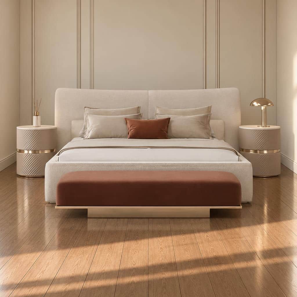 Bedroom Bed and Nightstand Set presented in a stylish bedroom with classic side perspective with a clear product perspective