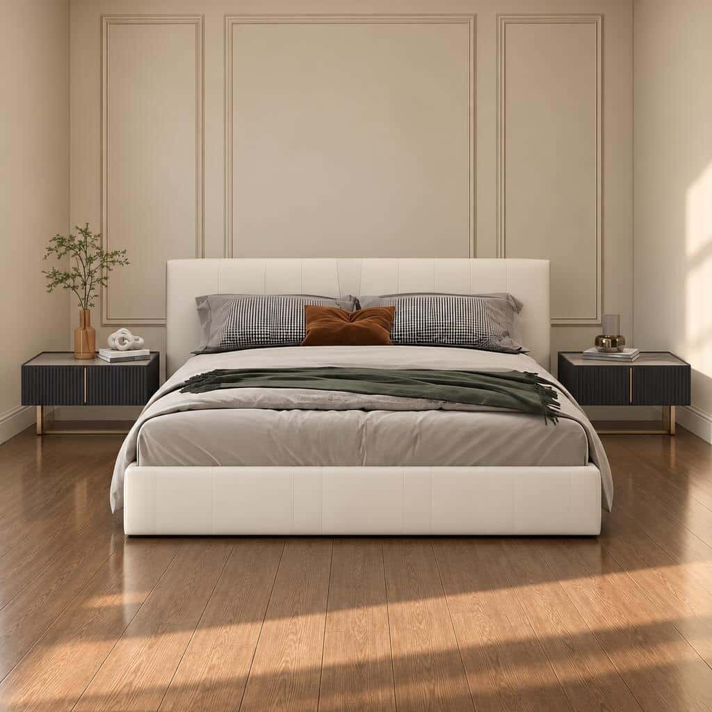 Nera Bed and Nightstand Set presented in a modern bedroom with close detail angle