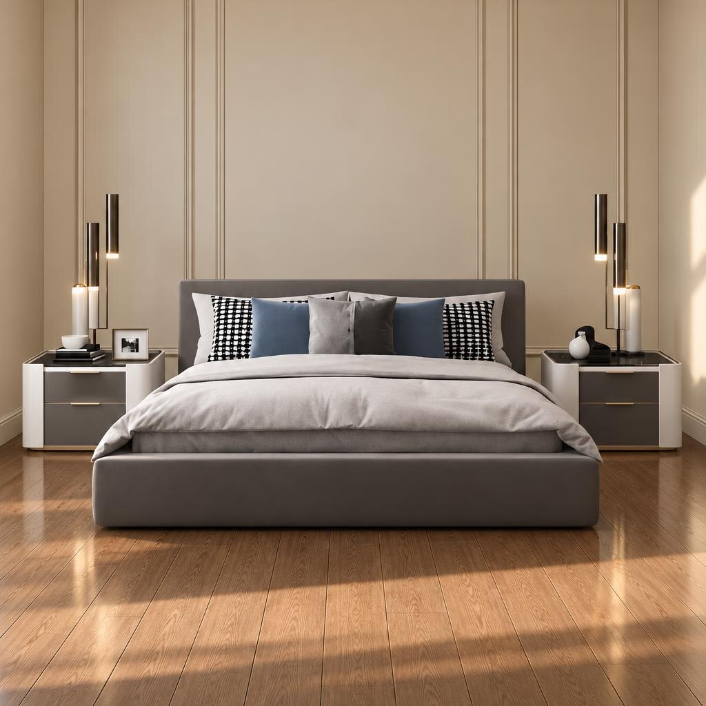 Bedroom Bed and Nightstand Set presented in a classic bedroom with airy wide perspective with a clear product perspective