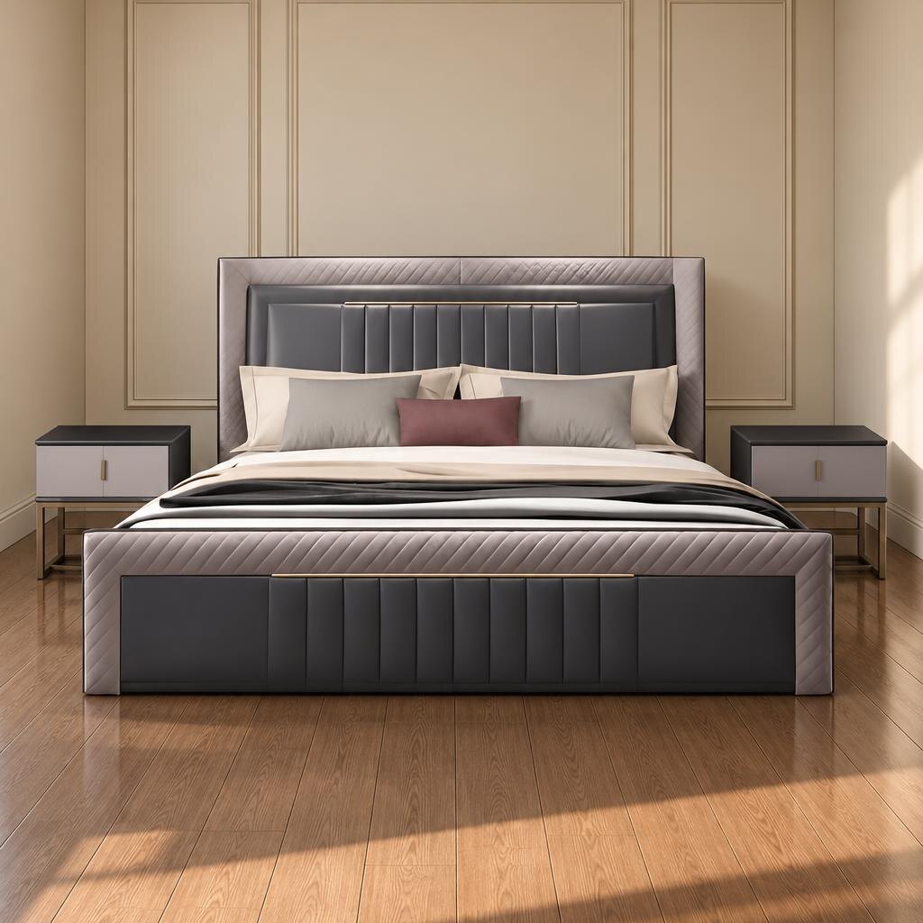 Bedroom Bed and Nightstand Set presented in a modern bedroom with premium wide perspective with a clear product perspective