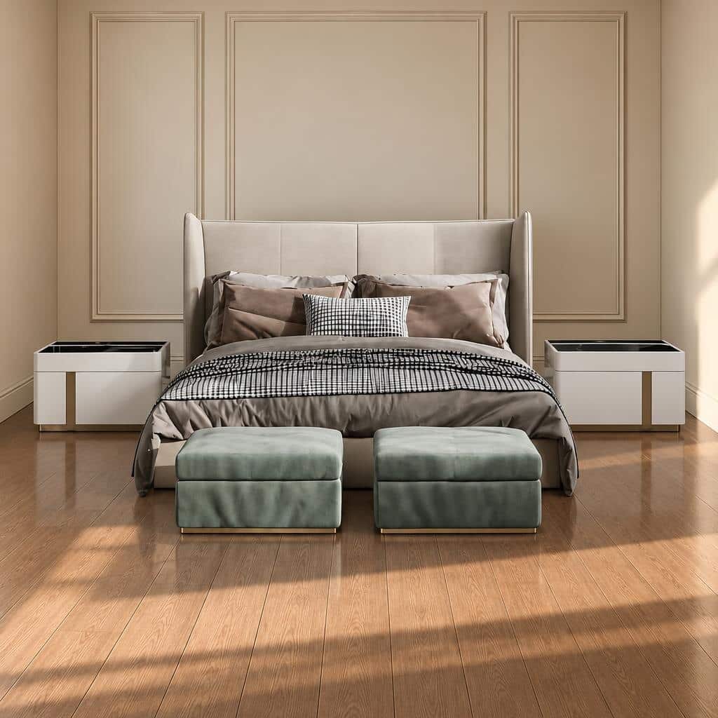 Bedroom Bed and Nightstand Set presented in a classic bedroom with gentle wide perspective with a clear product perspective