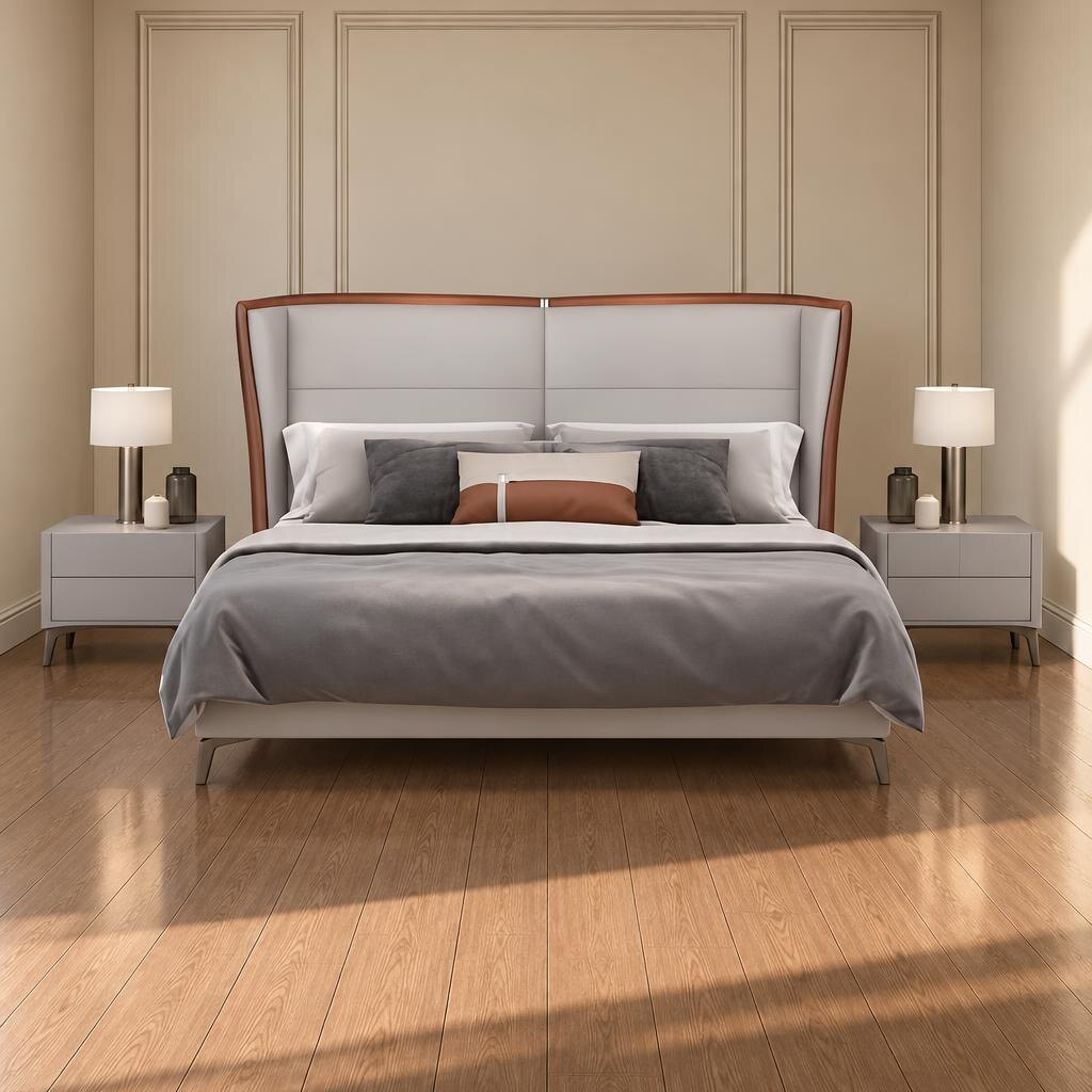Bedroom Bed and Nightstand Set presented in a comfortable bedroom with cozy wide perspective with a clear product perspective