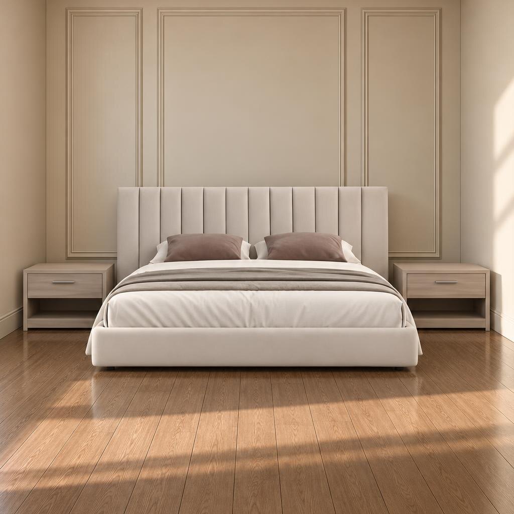 Bedroom Bed and Nightstand Set presented in a stylish bedroom with balanced wide perspective with a clear product perspective