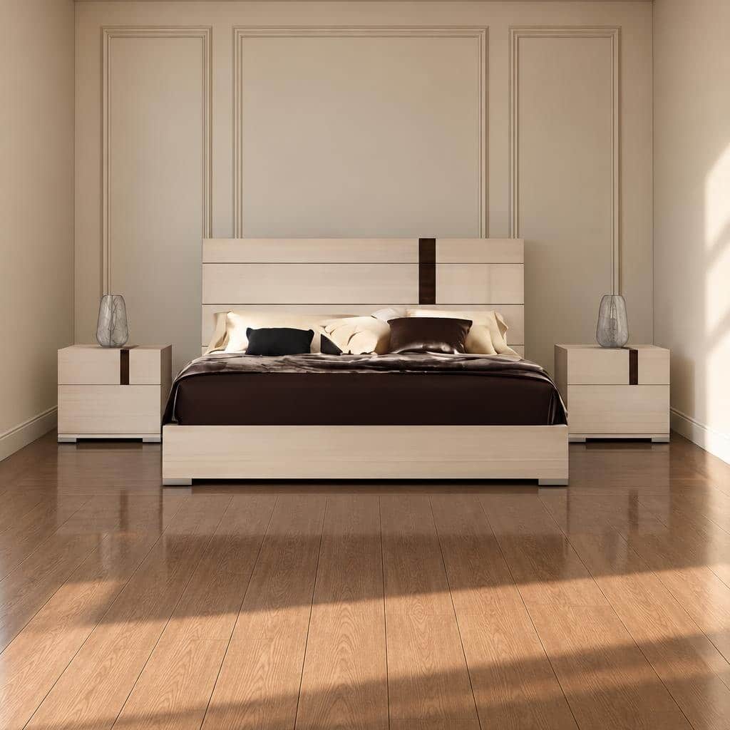 Bedroom Bed and Nightstand Set presented in a contemporary bedroom with warm decor perspective