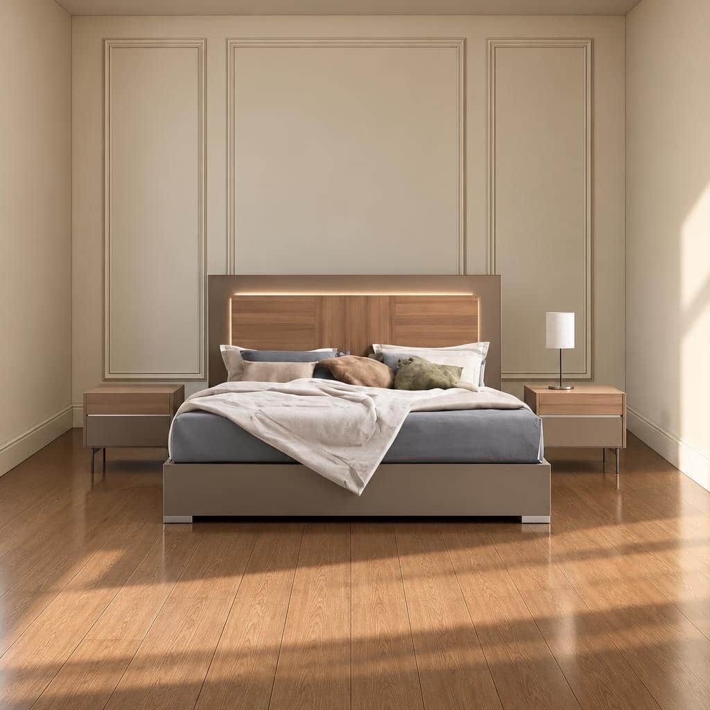 Bedroom Bed and Nightstand Set presented in a elegant bedroom with inviting decor perspective