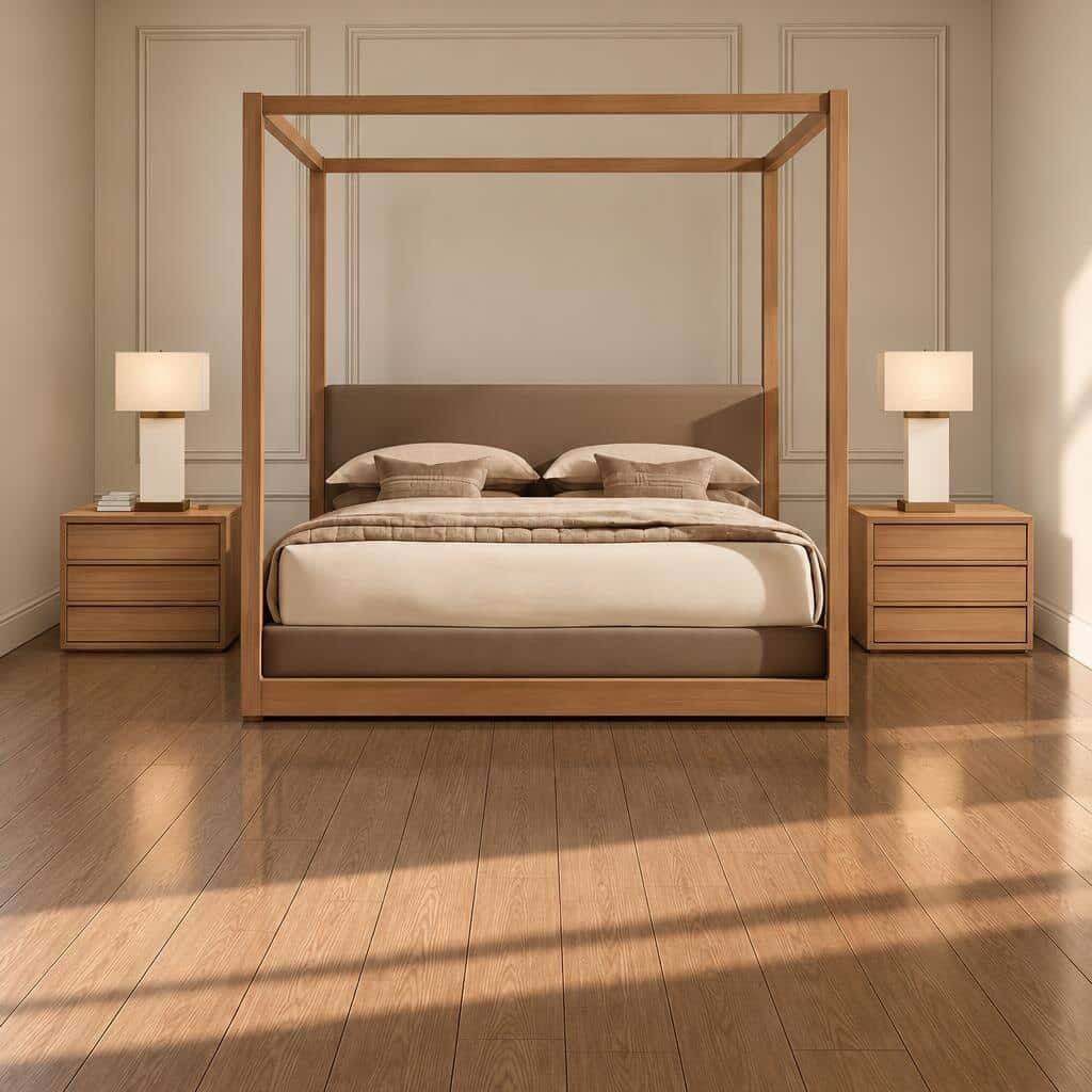 Bedroom Bed and Nightstand Set presented in a clean bedroom with calm corner perspective