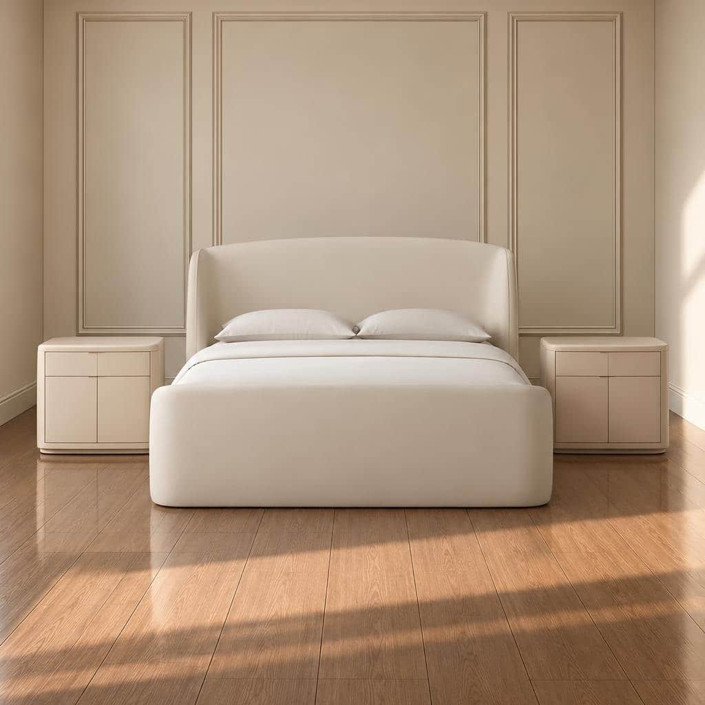 Bedroom Bed and Nightstand Set presented in a modern bedroom with graceful home perspective
