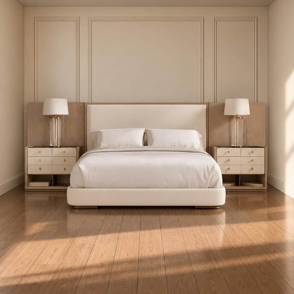 Bedroom Bed and Nightstand Set presented in a contemporary bedroom with warm home perspective
