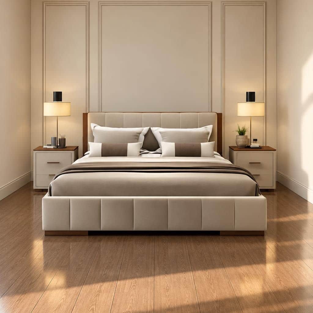 Bedroom Bed and Nightstand Set presented in a elegant bedroom with modern showroom perspective