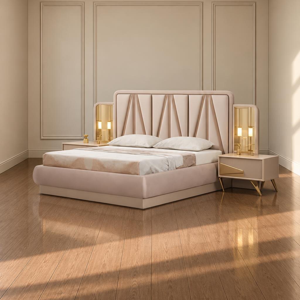 Savi Bed and Nightstand Set presented in a contemporary bedroom with side perspective