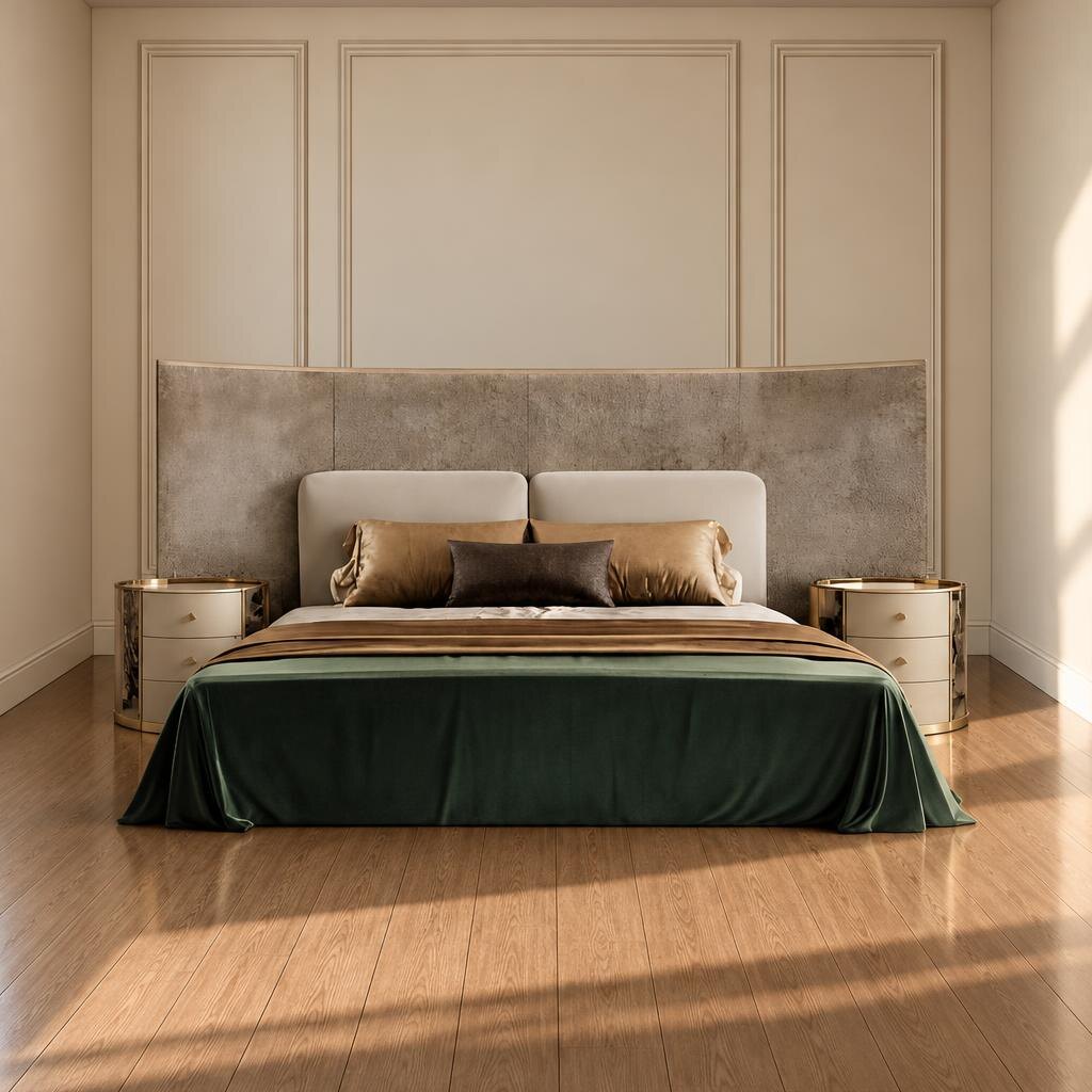 Bedroom Bed and Nightstand Set presented in a stylish bedroom with balanced side perspective