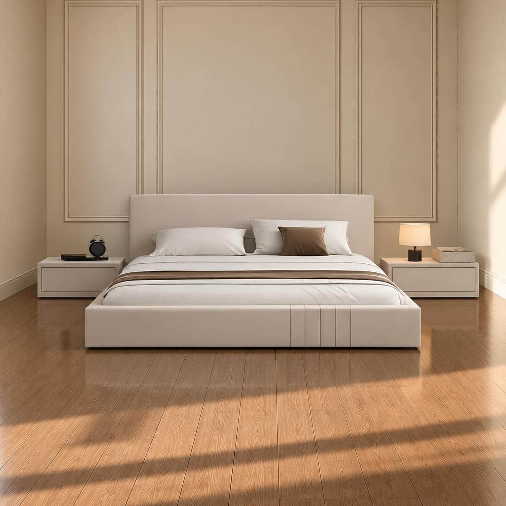 Bedroom Bed and Nightstand Set presented in a contemporary bedroom with warm wide perspective