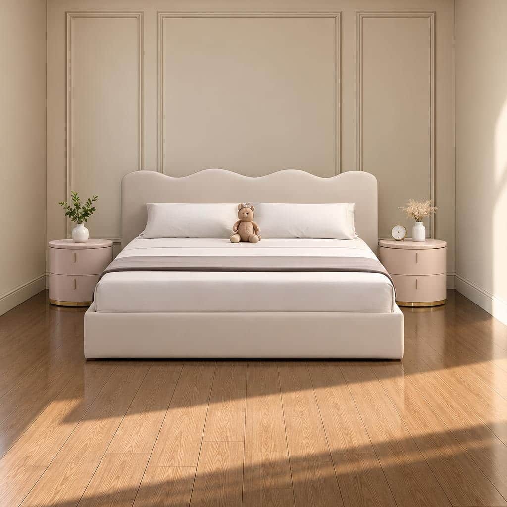 Bedroom Bed and Nightstand Set presented in a comfortable bedroom with cozy side perspective