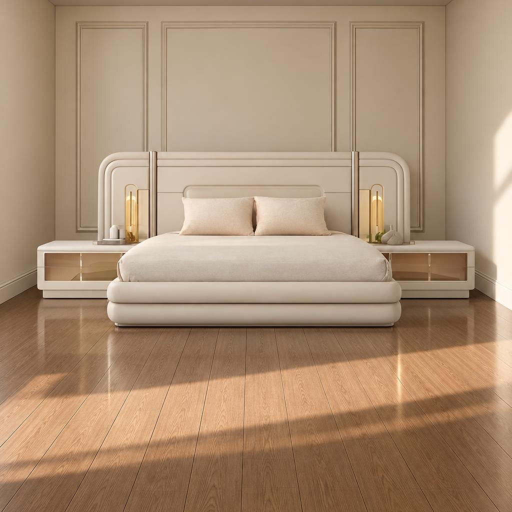 Romel Bed and Nightstand Set presented in a clean bedroom with side perspective