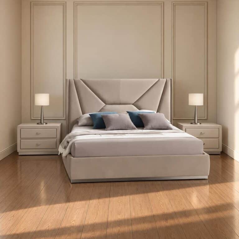 Bed and nightstand in a bedroom layout; illustration for round vs rectangular nightstand