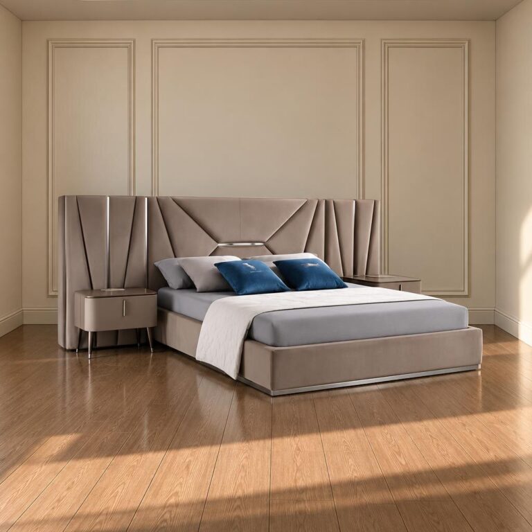 Bed and nightstand in a bedroom layout; illustration for nightstand drawers vs shelves