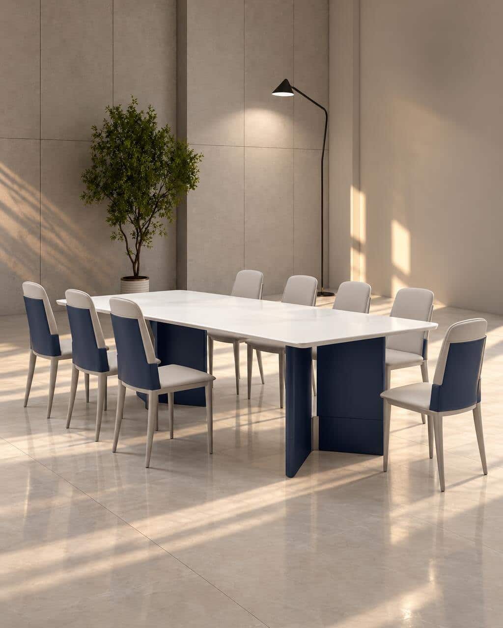 Small modern dining room with wooden table and comfortable chairs