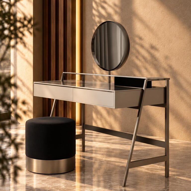 Backless seat in front of a dressing table; illustration for bedroom bench dimensions