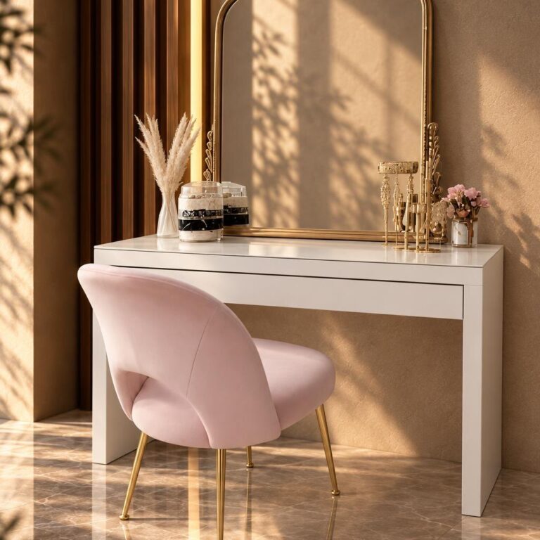 Dressing table with a mirror and seat; illustration for dressing table chair height