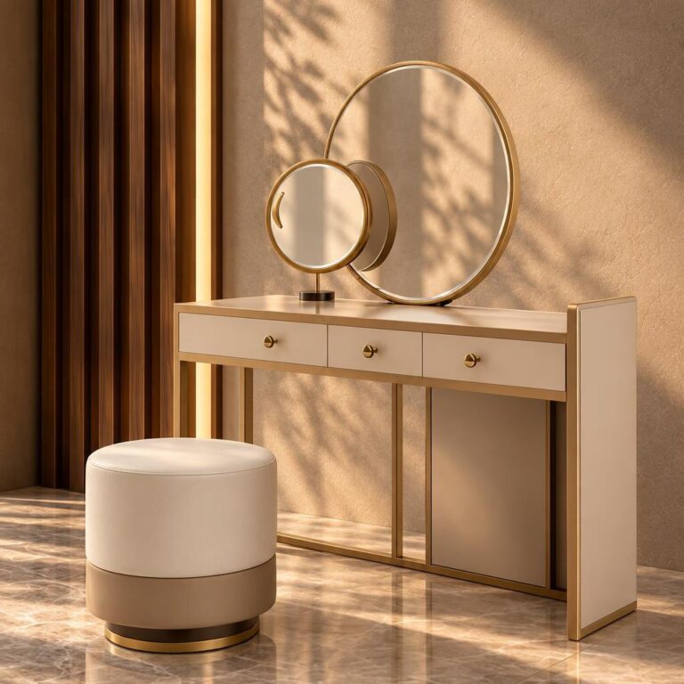 Backless seat in front of a dressing table; illustration for bedroom bench dimensions
