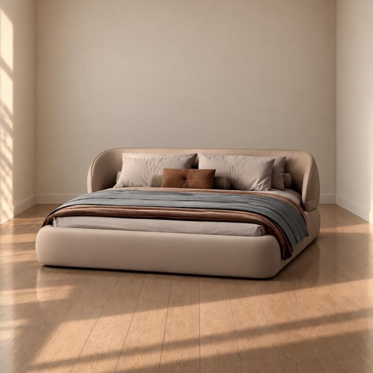 Upholstered bed in a bedroom; illustration for bed frame dimensions