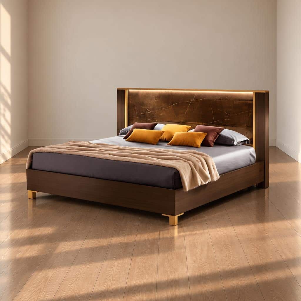 Bedroom Bed and Nightstand Set presented in a cozy bedroom with smart side perspective