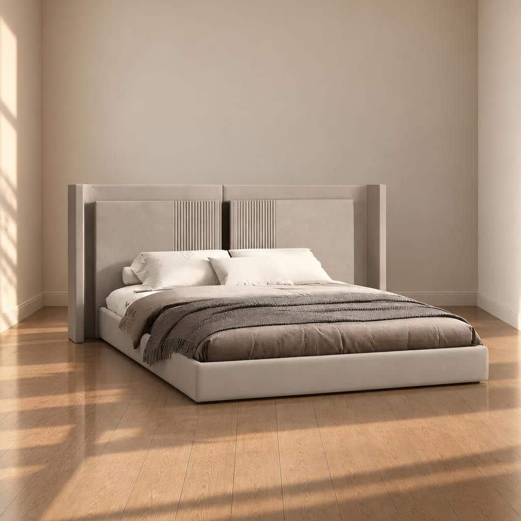 Rivi Bed and Nightstand Set presented in a contemporary bedroom with side perspective