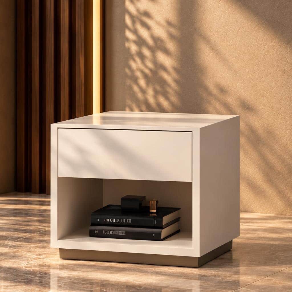 Rivo Bed and Nightstand Set presented in a contemporary bedroom with side perspective