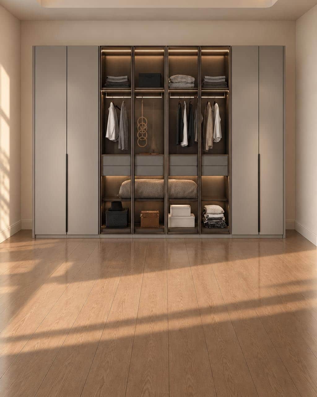 Bedroom wardrobe with doors and clothing storage; illustration for wardrobe internal depth